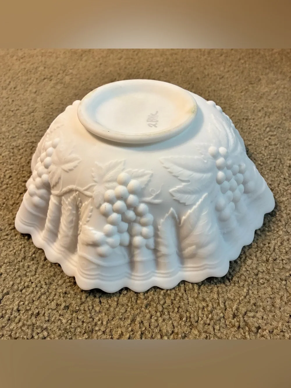 Vintage Imperial Glass White Milk Glass Ruffled Edge Grape/Leaf Pattern Bowl